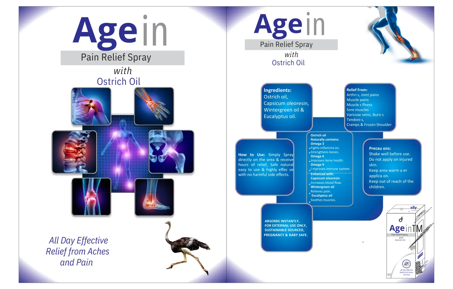 AGEIN PAIN RELIEF SAPRAY WITH OSTRICH OILExperience fast and effective relief with AGEIN Pain Relief Spray, infused with the natural healing properties of Ostrich Oil. This advanced formula is designed to target muscle and joint pain, providing instant relief and long-lasting comfort.